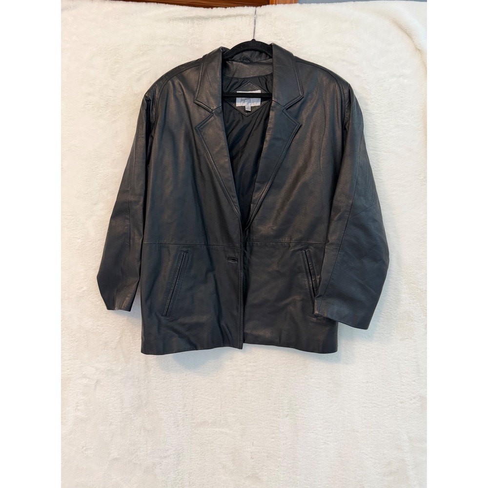 Jacqueline Ferrar Leather Blazer Jacket Womens Medium Black Vintage Button Front